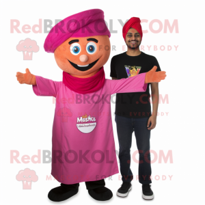 Magenta Tikka Masala mascot costume character dressed with a Overalls and Keychains