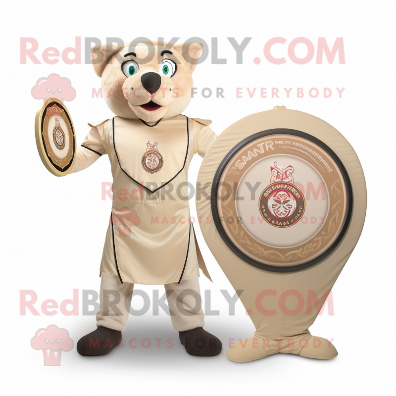 Beige Celtic Shield mascot costume character dressed with a Dress Pants and Coin purses Beige Celtic Shield mascot costume character dressed with a Dress Pants and Coin purses