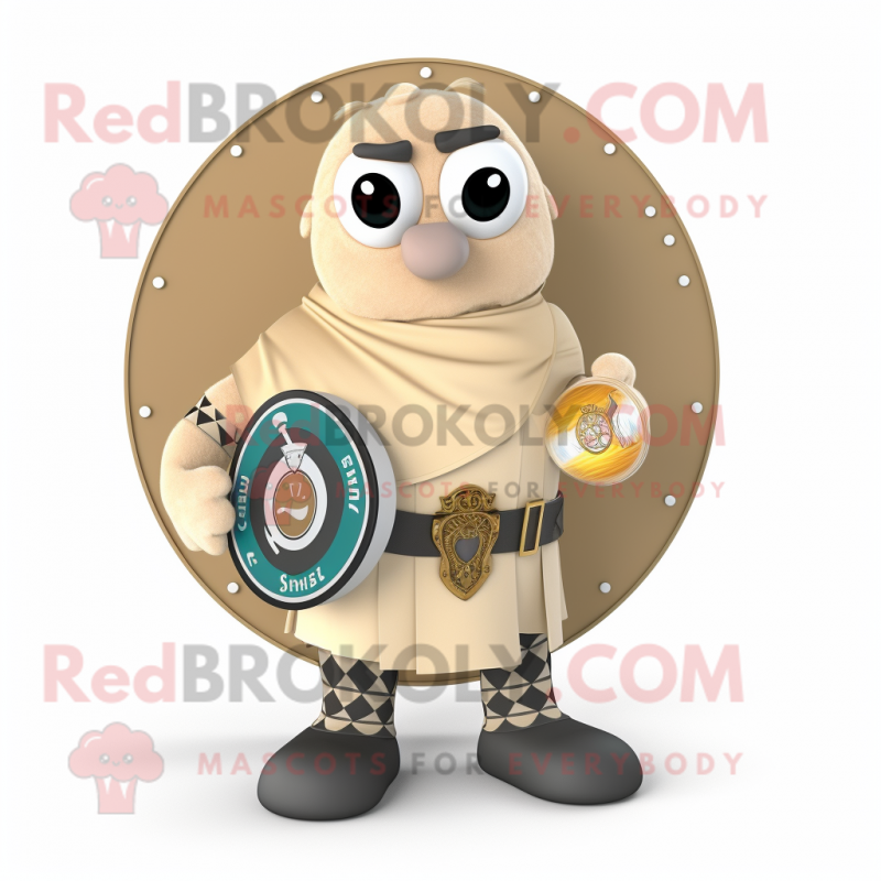 Beige Celtic Shield mascot costume character dressed with a Dress Pants and Coin purses