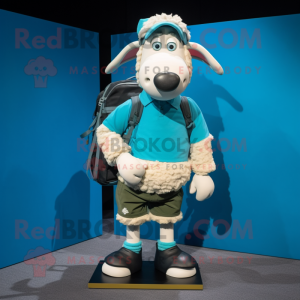 Cyan Suffolk Sheep mascot costume character dressed with a Cargo Shorts and Shoe clips