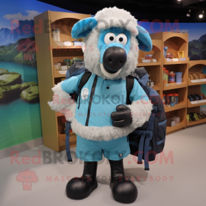 Cyan Suffolk Sheep mascot costume character dressed with a Cargo Shorts and Shoe clips
