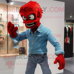 Red Undead mascot costume character dressed with a Jeans and Gloves