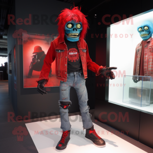 Red Undead mascot costume character dressed with a Jeans and Gloves