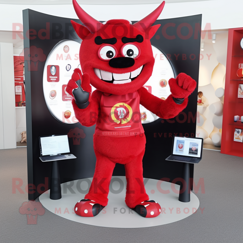 Red Devil mascot costume character dressed with a Jacket and Wallets