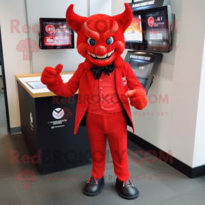 Red Devil mascot costume character dressed with a Jacket and Wallets