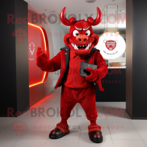 Red Devil mascot costume character dressed with a Jacket and Wallets