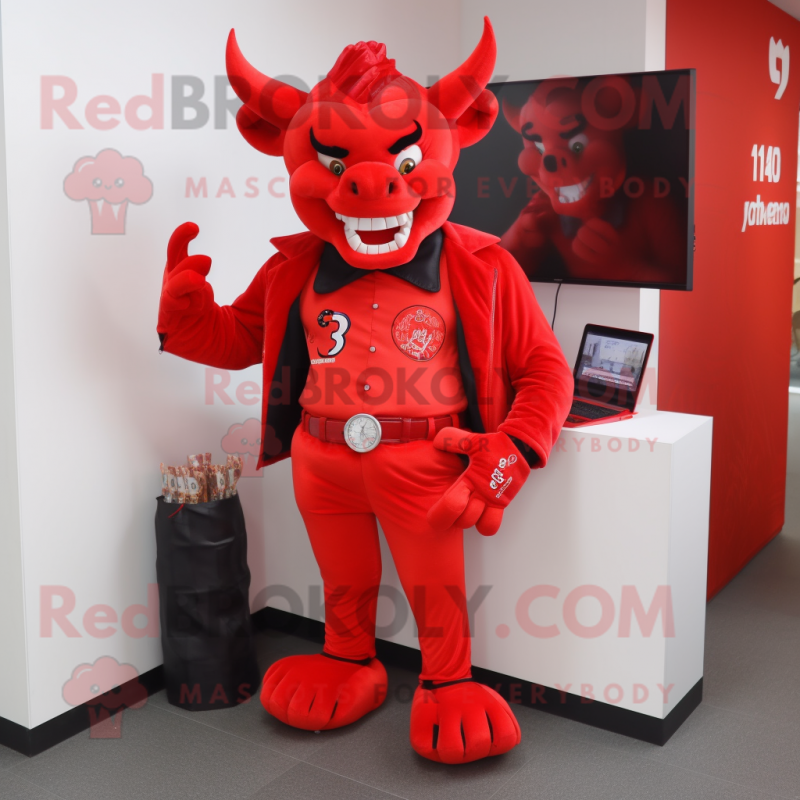Red Devil mascot costume character dressed with a Jacket and Wallets Red Devil mascot costume character dressed with a Jacket and Wallets