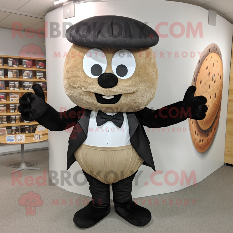 Black Bagels mascot costume character dressed with a Chinos and Bow ties Black Bagels mascot costume character dressed with a Chinos and Bow ties