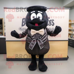 Black Bagels mascot costume character dressed with a Chinos and Bow ties