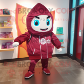 Maroon Candy Box mascot costume character dressed with a Windbreaker and Tote bags