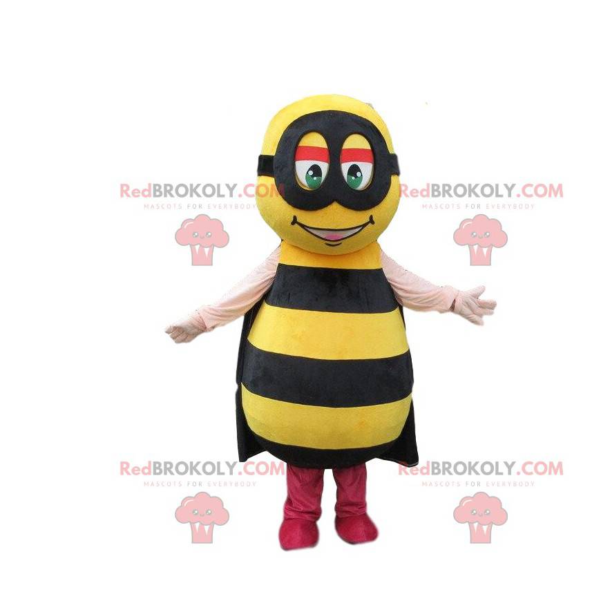 Mascota de abeja amarilla con rayas negras y una diadema -