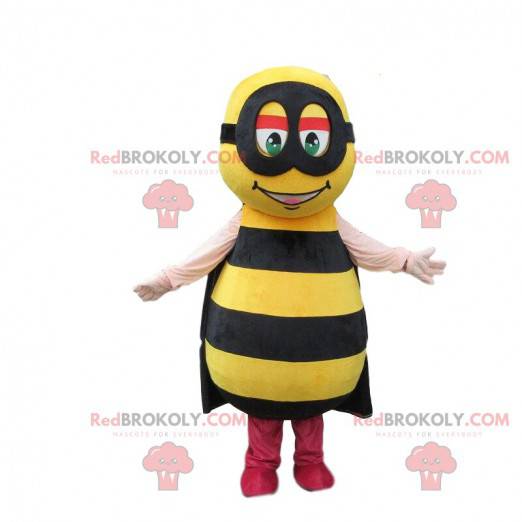 Mascota de abeja amarilla con rayas negras y una diadema -