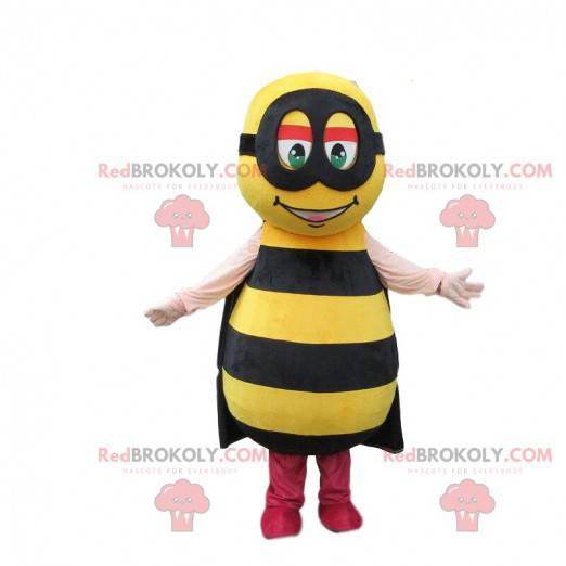 Yellow bee mascot with black stripes and a headband -
