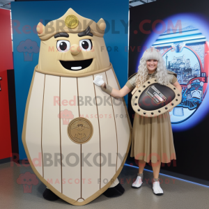 Tan Celtic Shield mascot costume character dressed with a Empire Waist Dress and Keychains