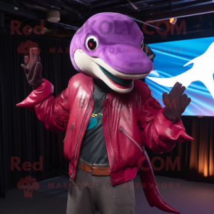 Magenta Dolphin mascot costume character dressed with a Leather Jacket and Shawl pins