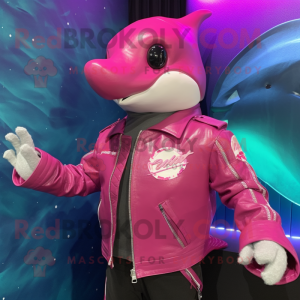 Magenta Dolphin mascot costume character dressed with a Leather Jacket and Shawl pins