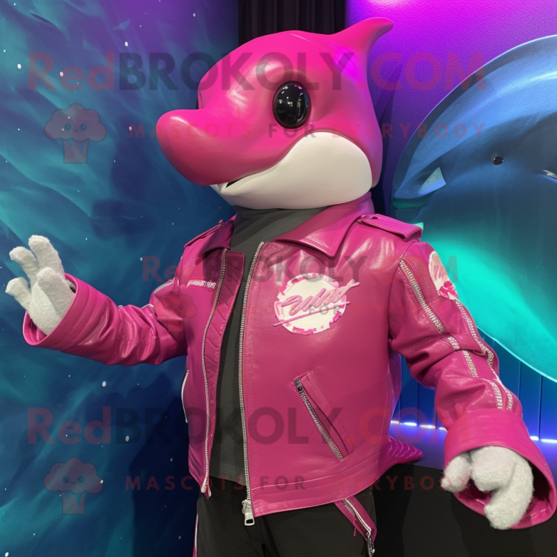 Magenta Dolphin mascot costume character dressed with a Leather Jacket and Shawl pins