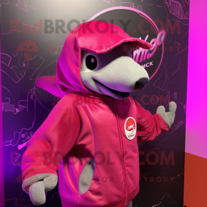 Magenta Dolphin mascot costume character dressed with a Leather Jacket and Shawl pins