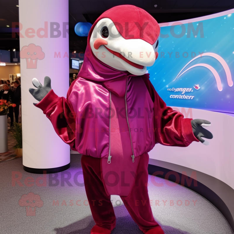 Magenta Dolphin mascot costume character dressed with a Leather Jacket and Shawl pins