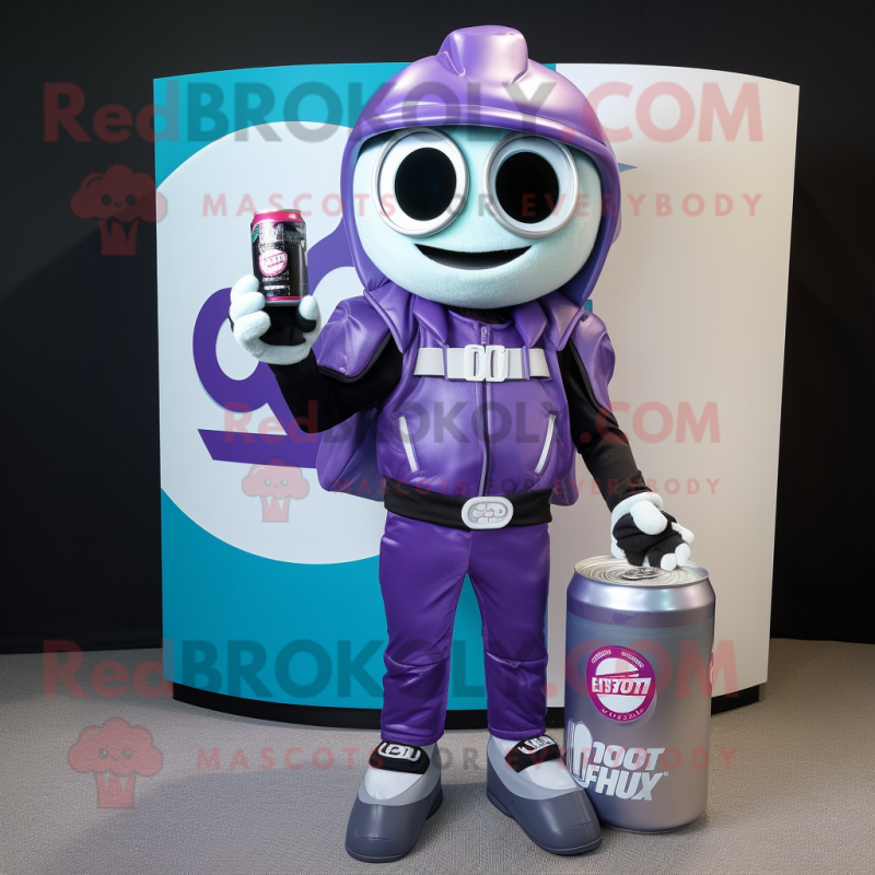 Lavender Soda Can mascot costume character dressed with a Moto Jacket and Wallets