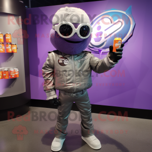 Lavender Soda Can mascot costume character dressed with a Moto Jacket and Wallets