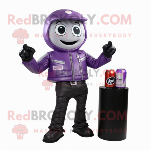 Lavender Soda Can mascot costume character dressed with a Moto Jacket and Wallets