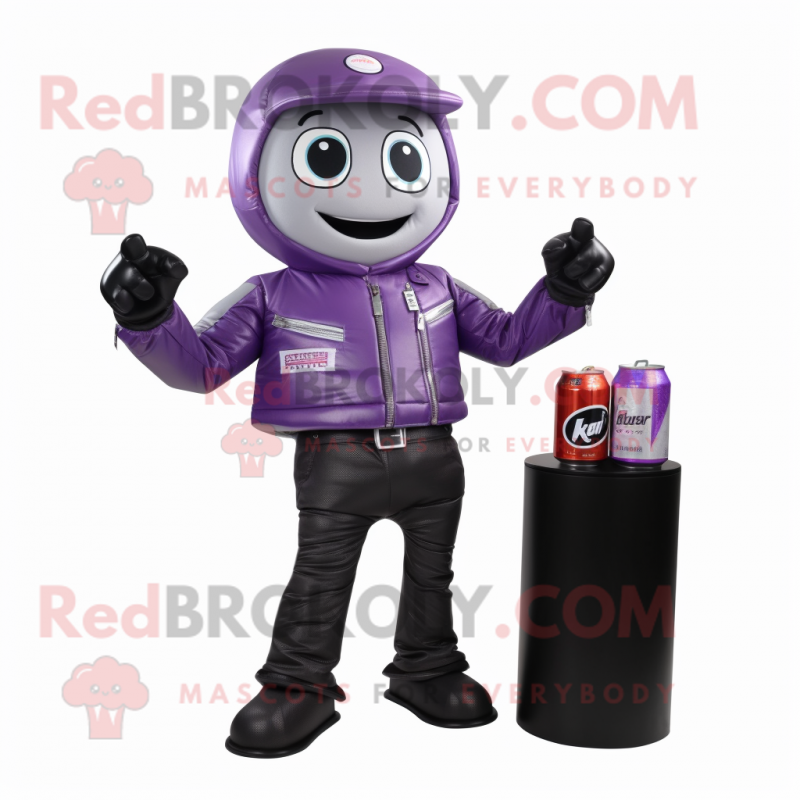 Lavender Soda Can mascot costume character dressed with a Moto Jacket and Wallets