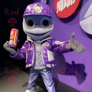 Lavender Soda Can mascot costume character dressed with a Moto Jacket and Wallets