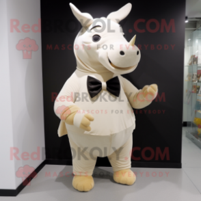 Cream Rhinoceros mascot costume character dressed with a Mini Dress and Bow ties