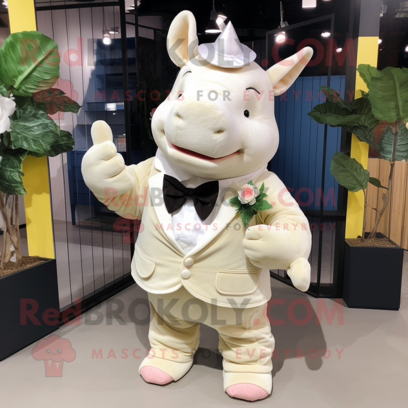 Cream Rhinoceros mascot costume character dressed with a Mini Dress and Bow ties Cream Rhinoceros mascot costume character dressed with a Mini Dress and Bow ties