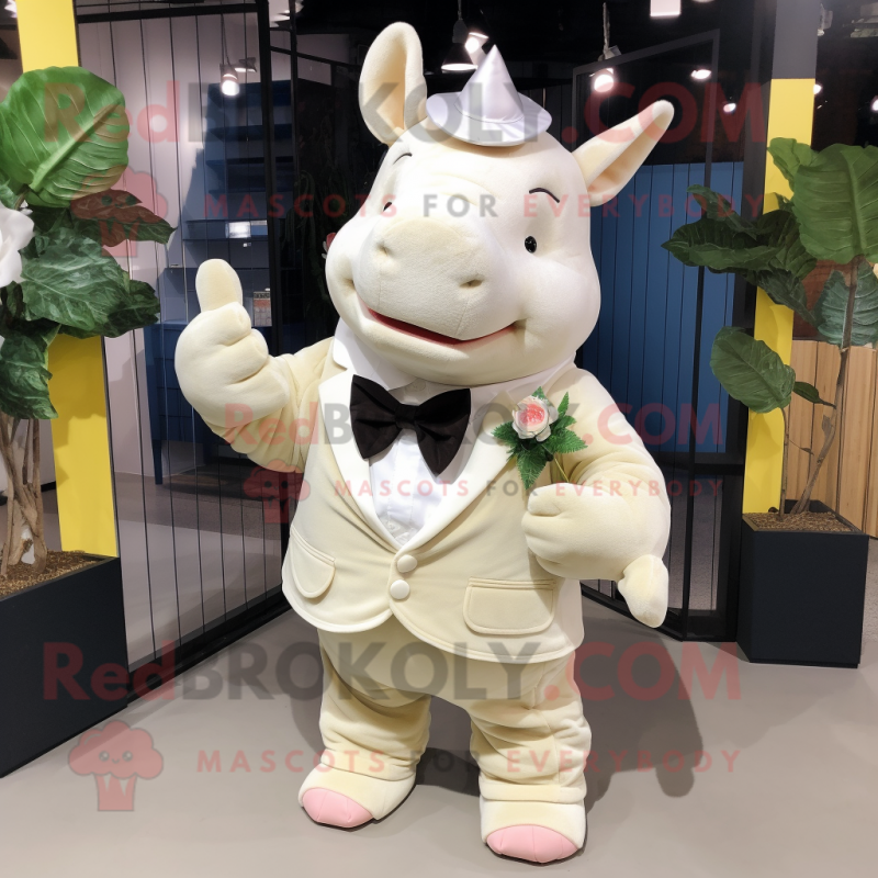 Cream Rhinoceros mascot costume character dressed with a Mini Dress and Bow ties