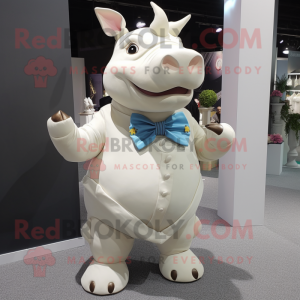 Cream Rhinoceros mascot costume character dressed with a Mini Dress and Bow ties