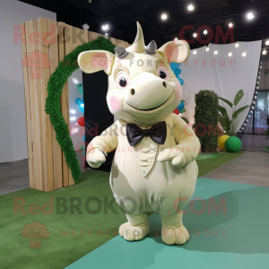 Cream Rhinoceros mascot costume character dressed with a Mini Dress and Bow ties