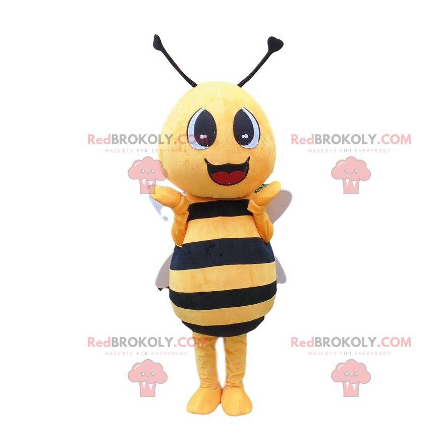 Fato de abelha amarela e preta, gigante e sorridente -