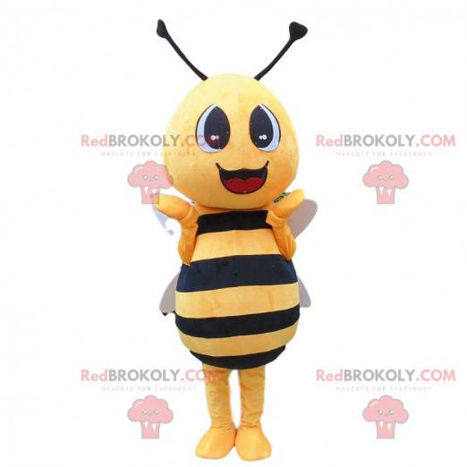 Fato de abelha amarela e preta, gigante e sorridente -
