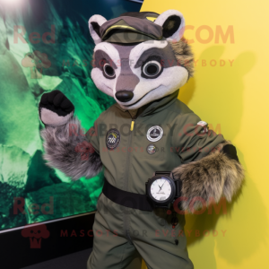 Olive Civet mascot costume character dressed with a Jumpsuit and Smartwatches