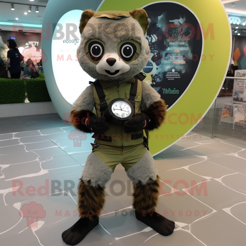 Olive Civet mascot costume character dressed with a Jumpsuit and Smartwatches