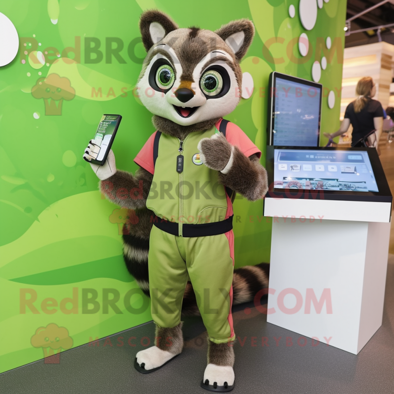 Olive Civet mascot costume character dressed with a Jumpsuit and Smartwatches