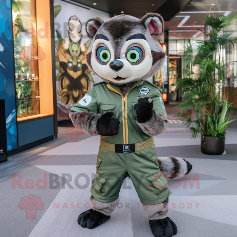 Olive Civet mascot costume character dressed with a Jumpsuit and Smartwatches