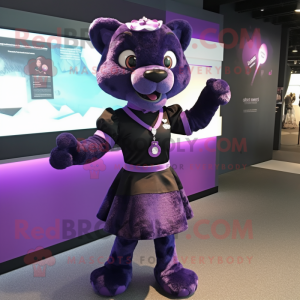 Purple Panther mascot costume character dressed with a Skirt and Brooches