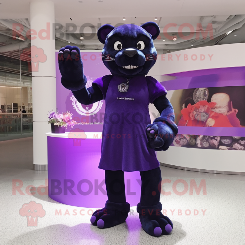 Purple Panther mascot costume character dressed with a Skirt and Brooches