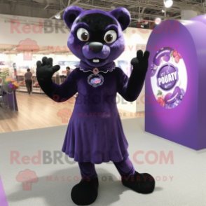 Purple Panther mascot costume character dressed with a Skirt and Brooches
