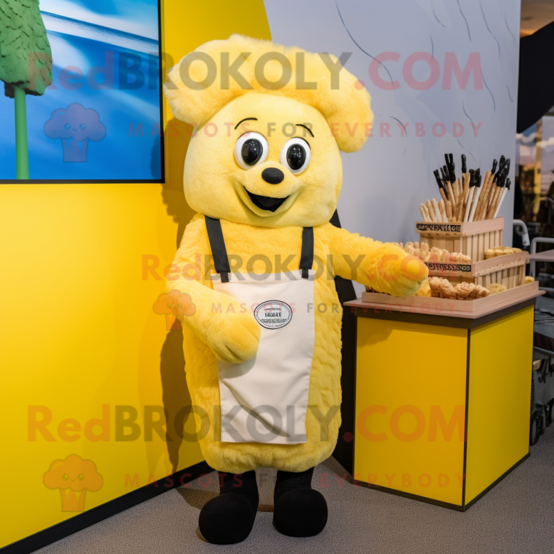 Lemon Yellow Shepard'S Pie mascot costume character dressed with a Overalls and Lapel pins