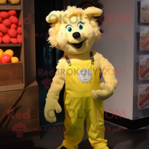 Lemon Yellow Shepard'S Pie mascot costume character dressed with a Overalls and Lapel pins