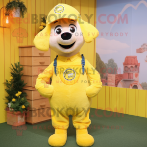 Lemon Yellow Shepard'S Pie mascot costume character dressed with a Overalls and Lapel pins