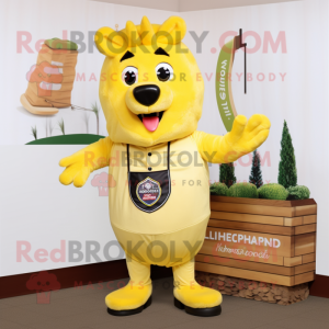 Lemon Yellow Shepard'S Pie mascot costume character dressed with a Overalls and Lapel pins