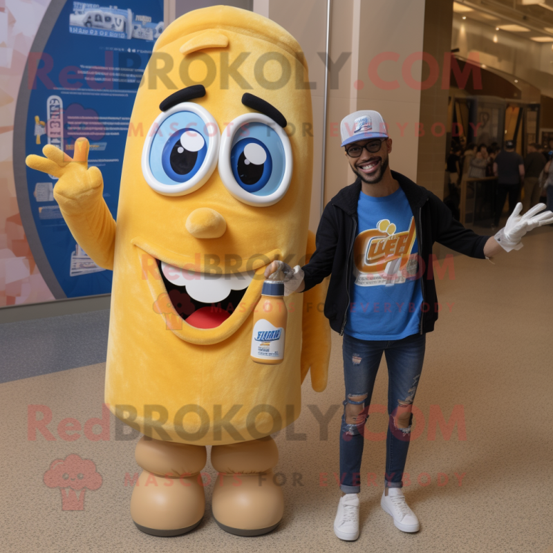 Tan Bottle Of Mustard mascot costume character dressed with a Boyfriend Jeans and Rings