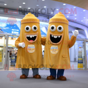 Tan Bottle Of Mustard mascot costume character dressed with a Boyfriend Jeans and Rings