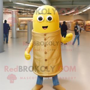 Tan Bottle Of Mustard mascot costume character dressed with a Boyfriend Jeans and Rings