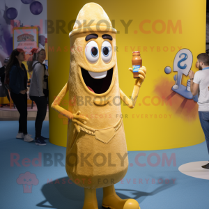Tan Bottle Of Mustard mascot costume character dressed with a Boyfriend Jeans and Rings